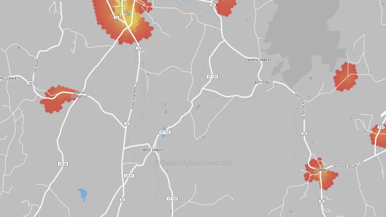 Walk Grade map of 05775, VT, walkable areas in green and car-dependent areas in red
