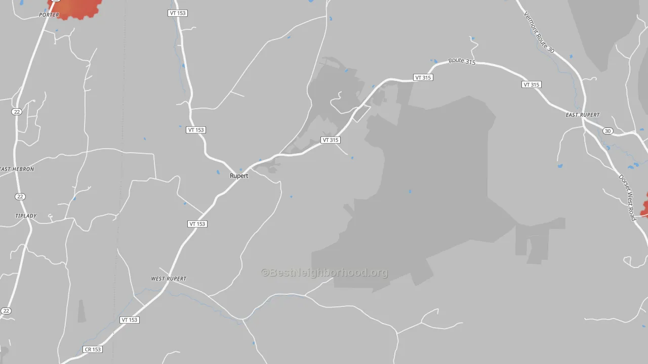 Walk Grade map of 05776, VT, walkable areas in green and car-dependent areas in red