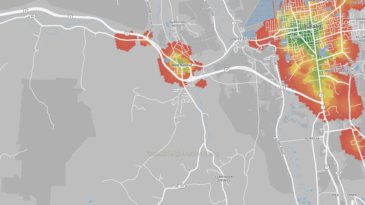 Walk Grade map of 05777, VT, walkable areas in green and car-dependent areas in red
