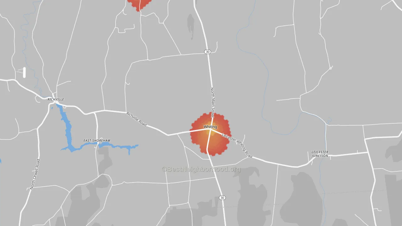 Walk Grade map of 05778, VT, walkable areas in green and car-dependent areas in red