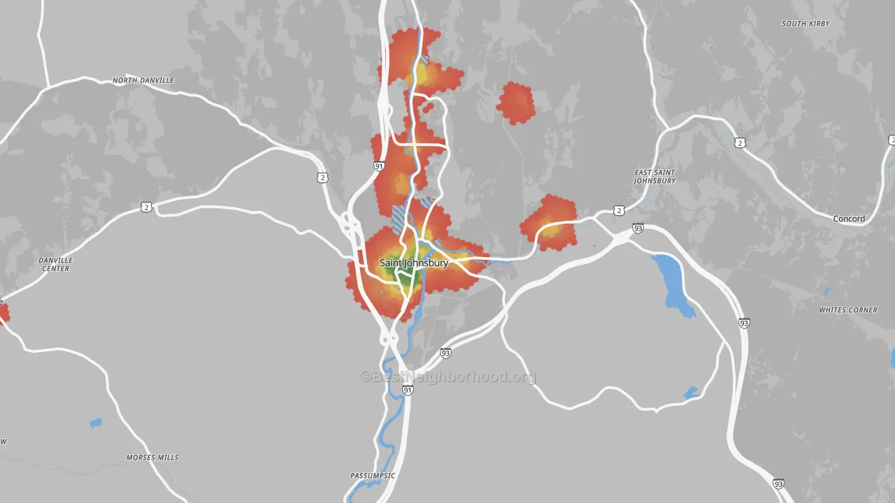 Walk Grade map of 05819, VT, walkable areas in green and car-dependent areas in red