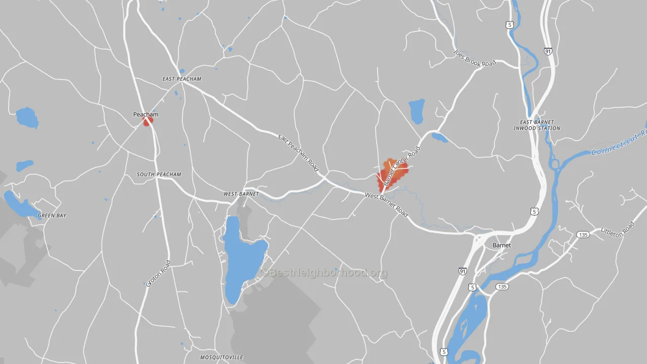 Walk Grade map of 05821, VT, walkable areas in green and car-dependent areas in red