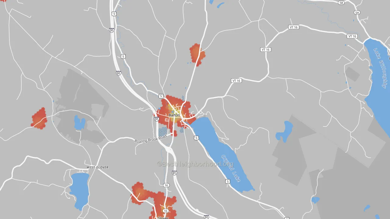 Walk Grade map of 05822, VT, walkable areas in green and car-dependent areas in red