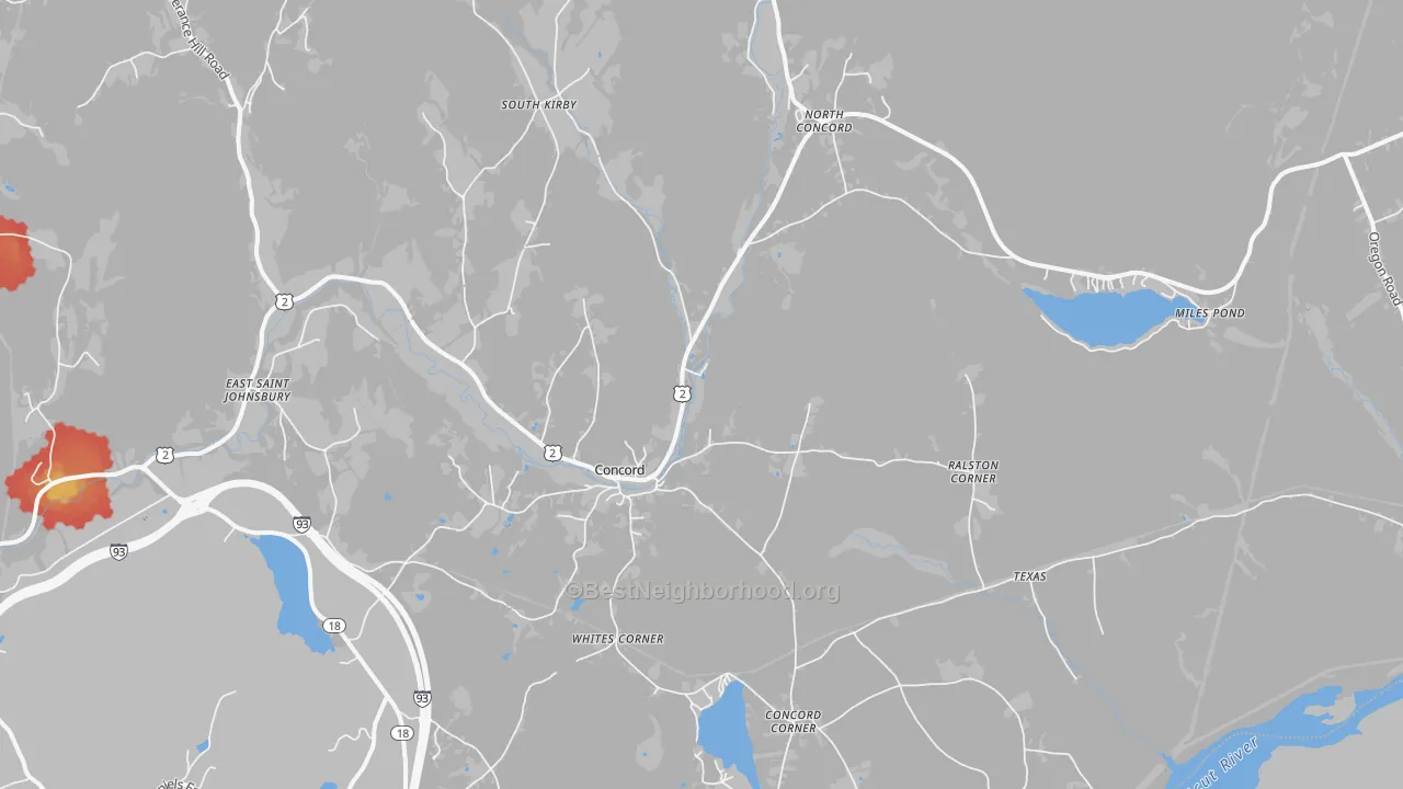 Walk Grade map of 05824, VT, walkable areas in green and car-dependent areas in red