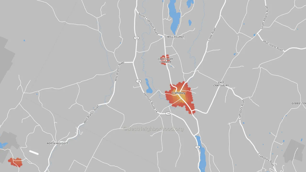 Walk Grade map of 05826, VT, walkable areas in green and car-dependent areas in red