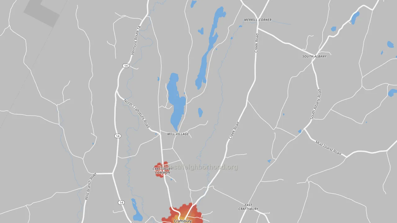Walk Grade map of 05827, VT, walkable areas in green and car-dependent areas in red
