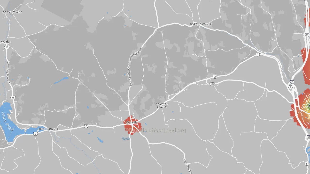 Walk Grade map of 05828, VT, walkable areas in green and car-dependent areas in red