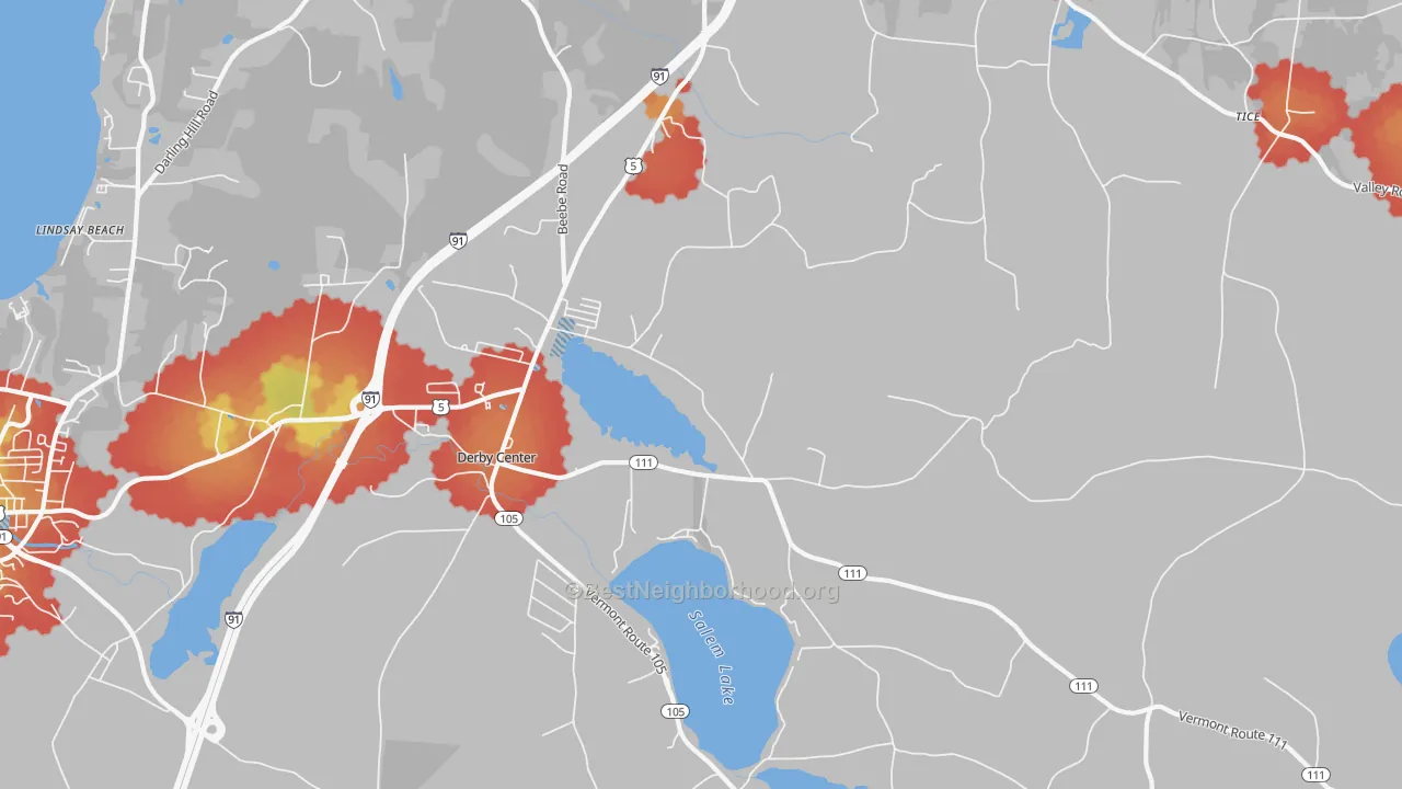 Walk Grade map of 05829, VT, walkable areas in green and car-dependent areas in red