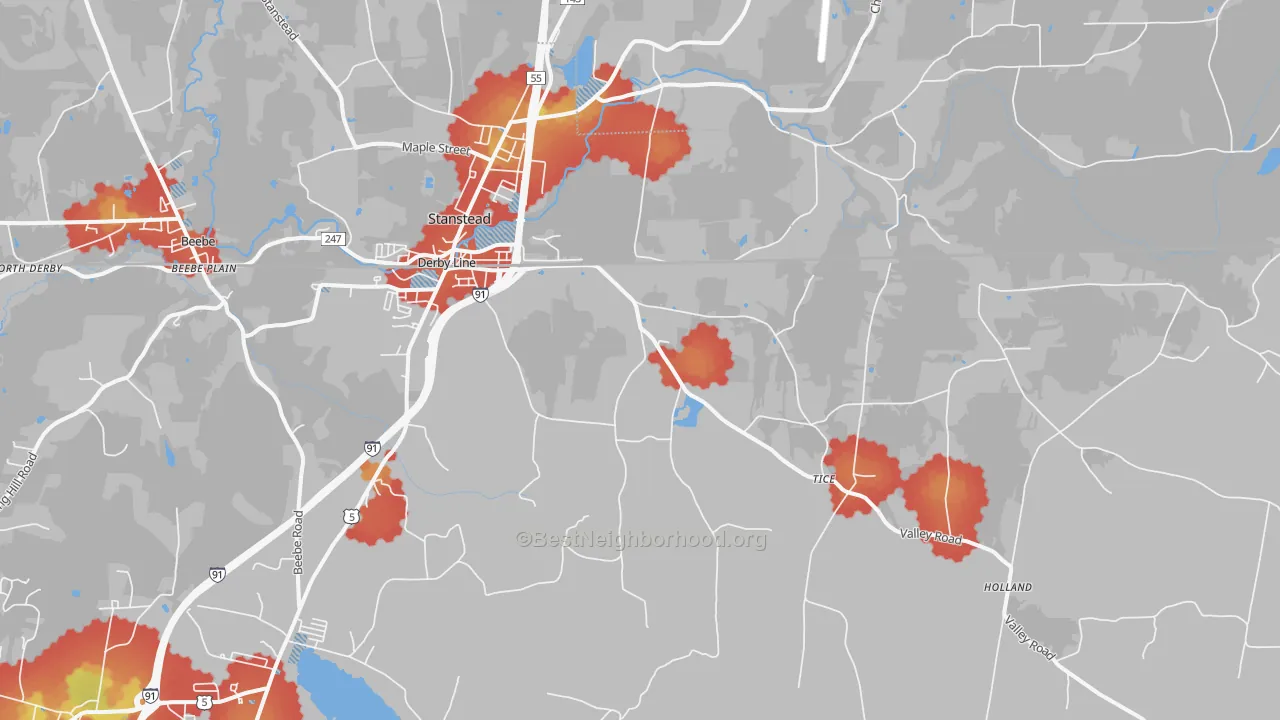 Walk Grade map of 05830, VT, walkable areas in green and car-dependent areas in red