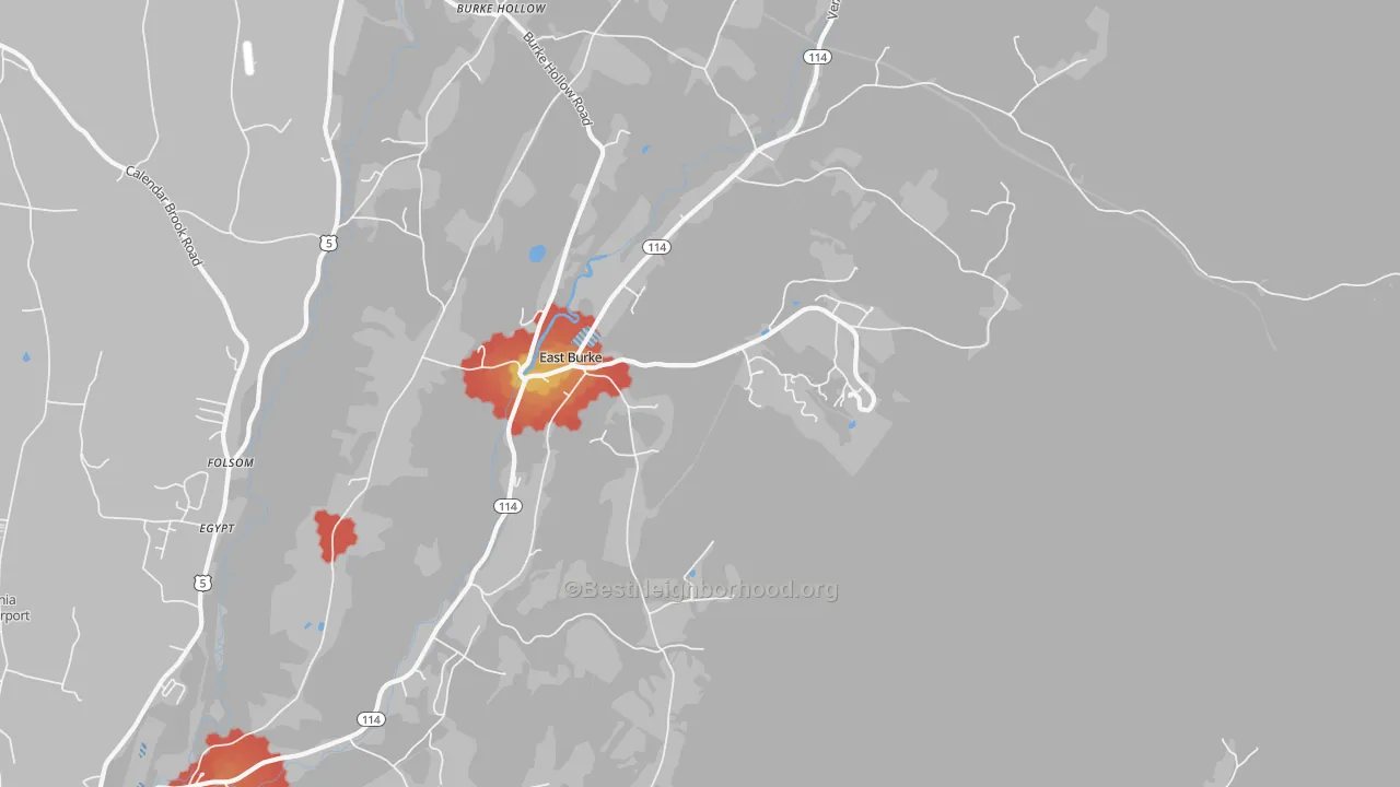 Walk Grade map of 05832, VT, walkable areas in green and car-dependent areas in red
