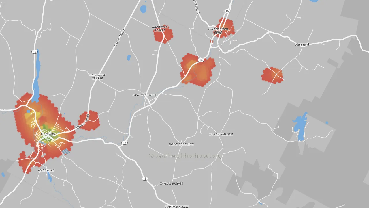 Walk Grade map of 05836, VT, walkable areas in green and car-dependent areas in red