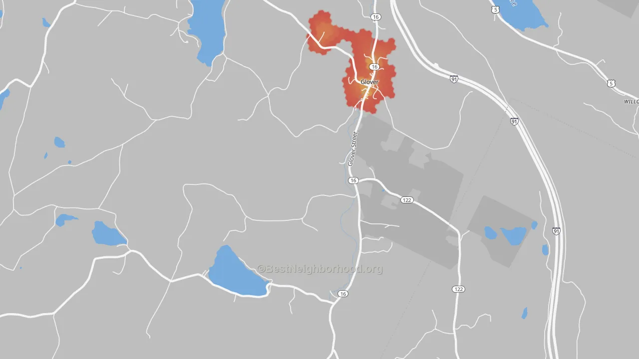 Walk Grade map of 05839, VT, walkable areas in green and car-dependent areas in red