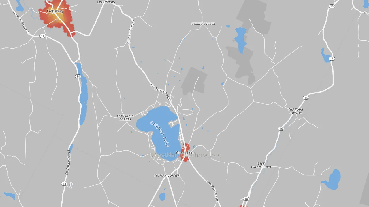 Walk Grade map of 05841, VT, walkable areas in green and car-dependent areas in red