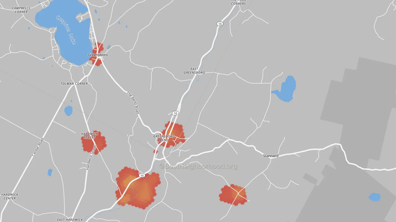Walk Grade map of 05842, VT, walkable areas in green and car-dependent areas in red