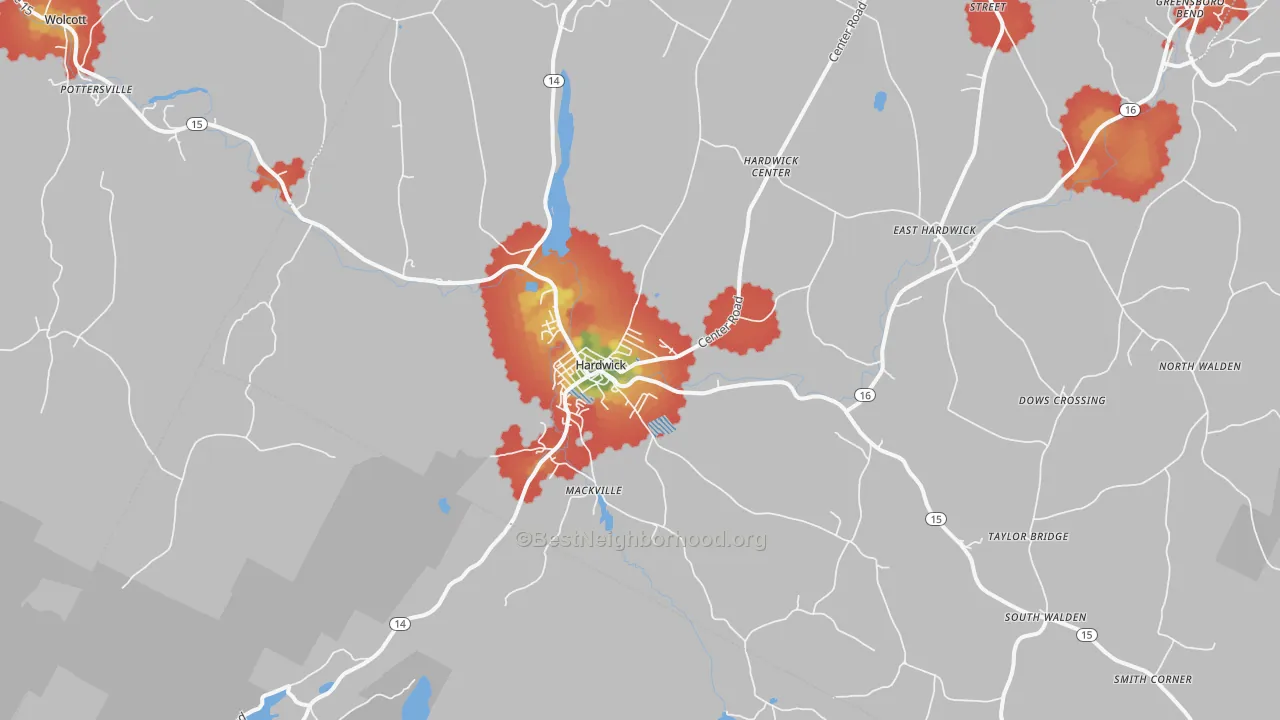 Walk Grade map of 05843, VT, walkable areas in green and car-dependent areas in red