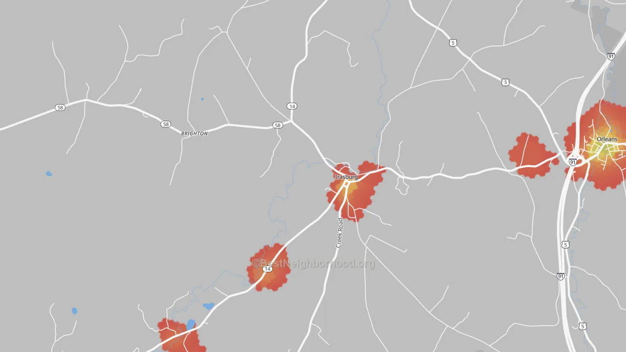 Walk Grade map of 05845, VT, walkable areas in green and car-dependent areas in red