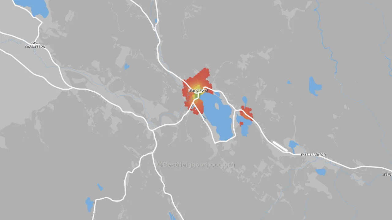 Walk Grade map of 05846, VT, walkable areas in green and car-dependent areas in red