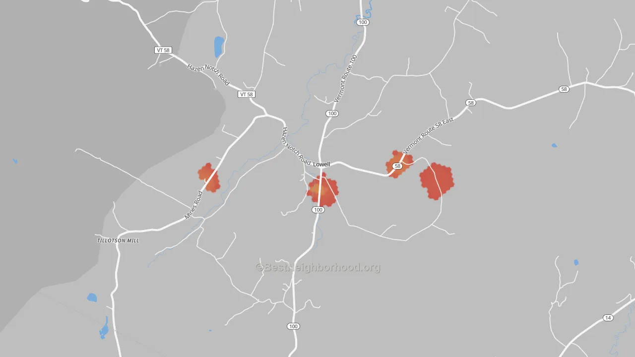 Walk Grade map of 05847, VT, walkable areas in green and car-dependent areas in red