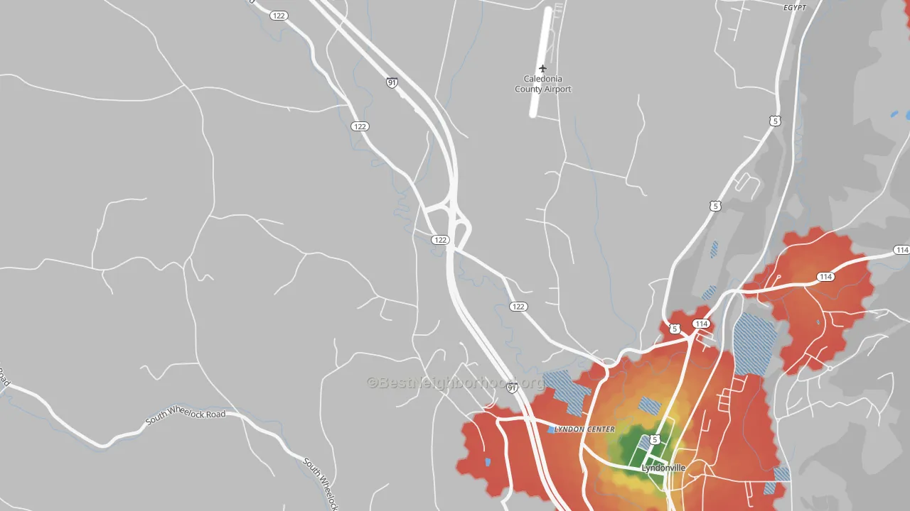 Walk Grade map of 05850, VT, walkable areas in green and car-dependent areas in red