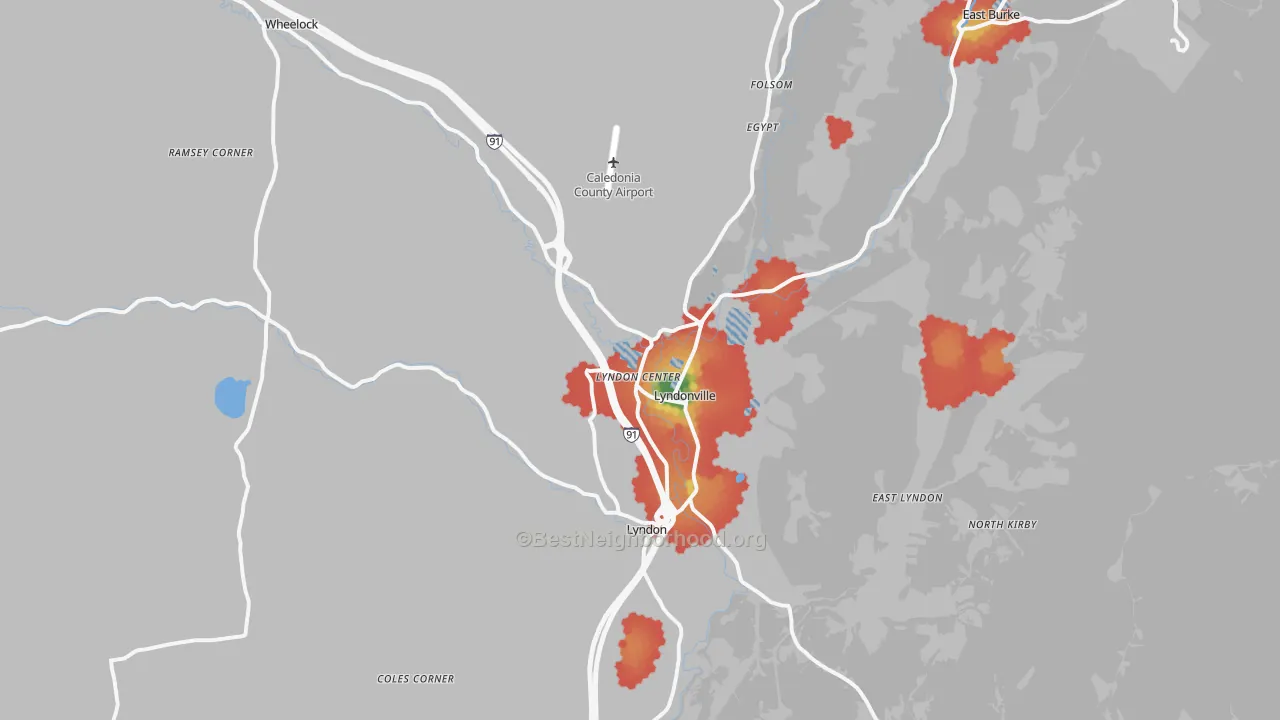 Walk Grade map of 05851, VT, walkable areas in green and car-dependent areas in red