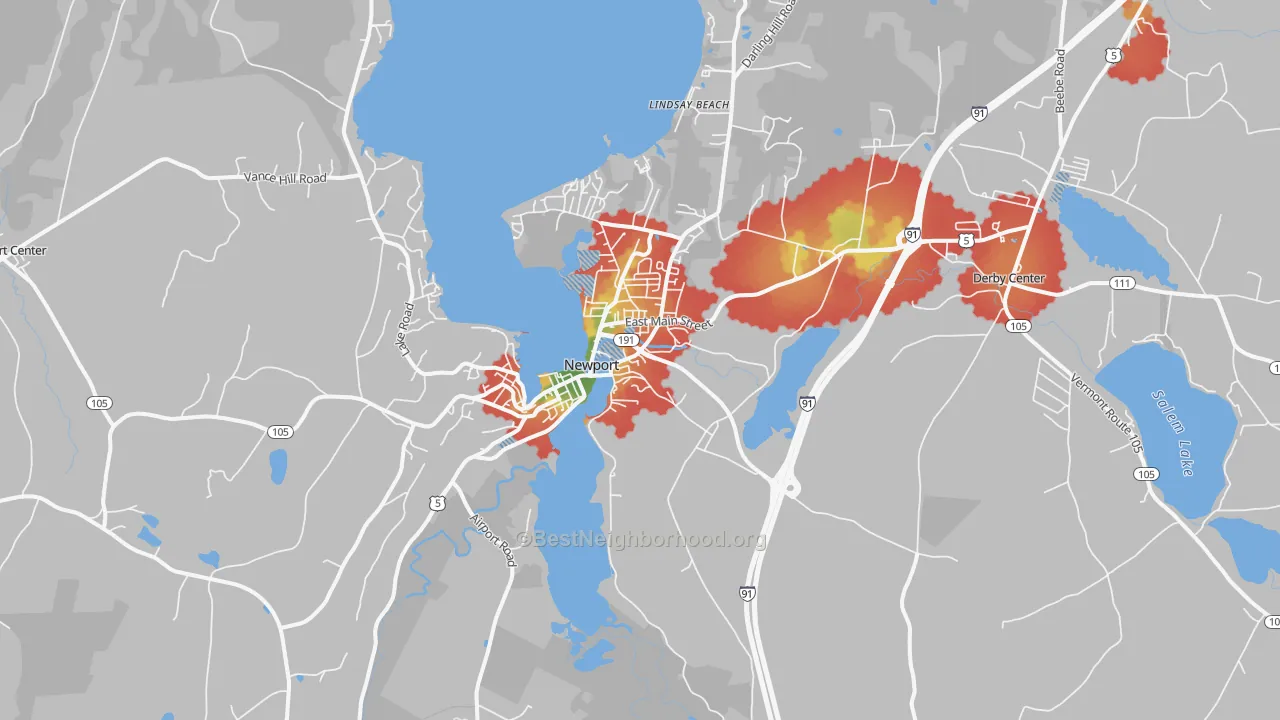Walk Grade map of 05855, VT, walkable areas in green and car-dependent areas in red