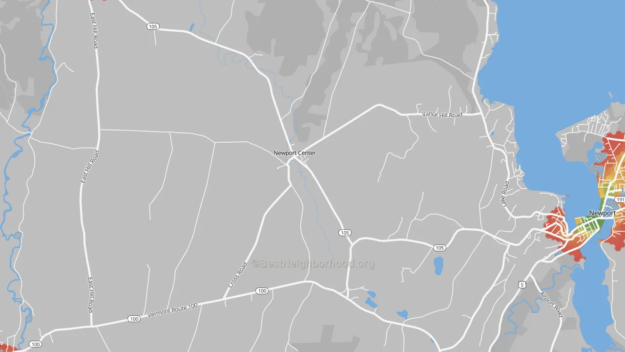 Walk Grade map of 05857, VT, walkable areas in green and car-dependent areas in red