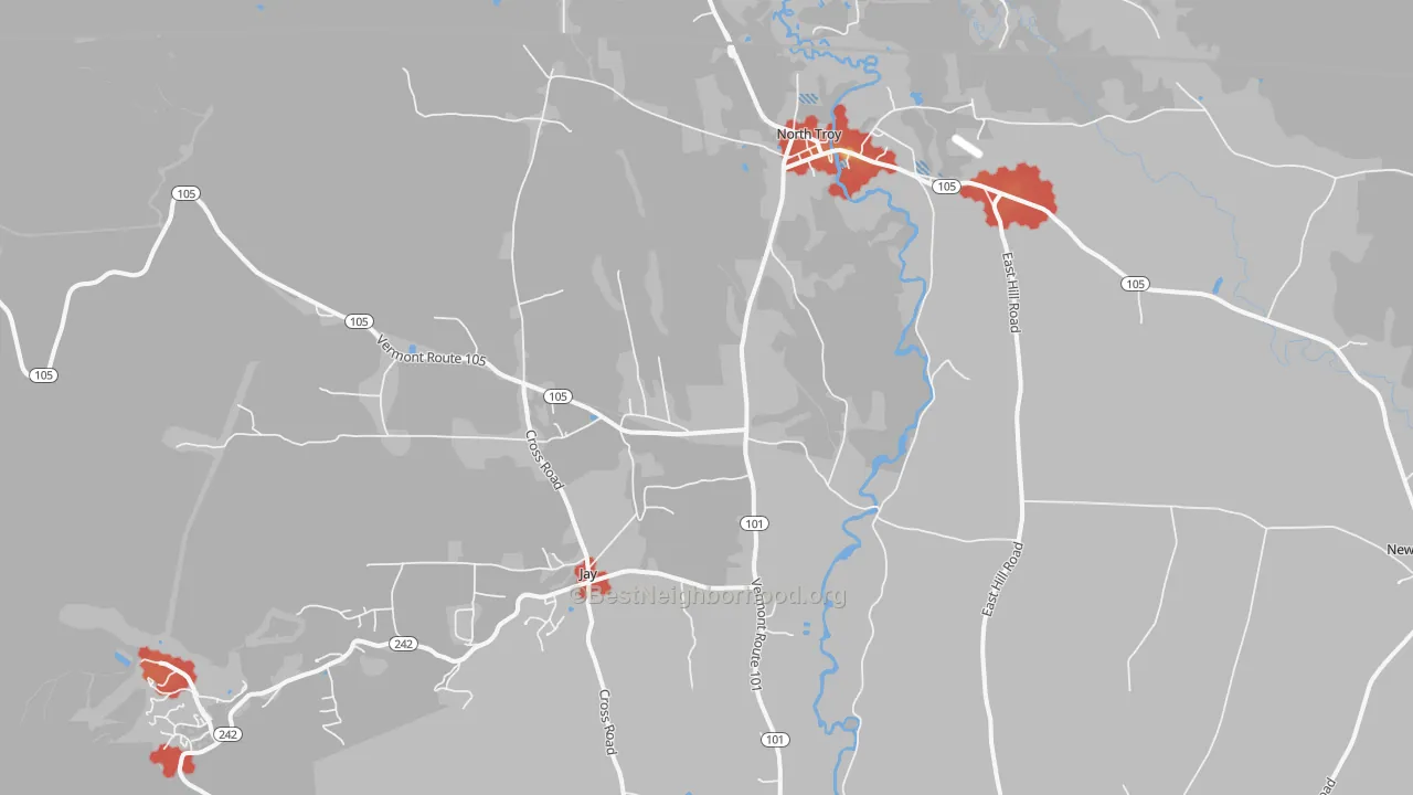 Walk Grade map of 05859, VT, walkable areas in green and car-dependent areas in red