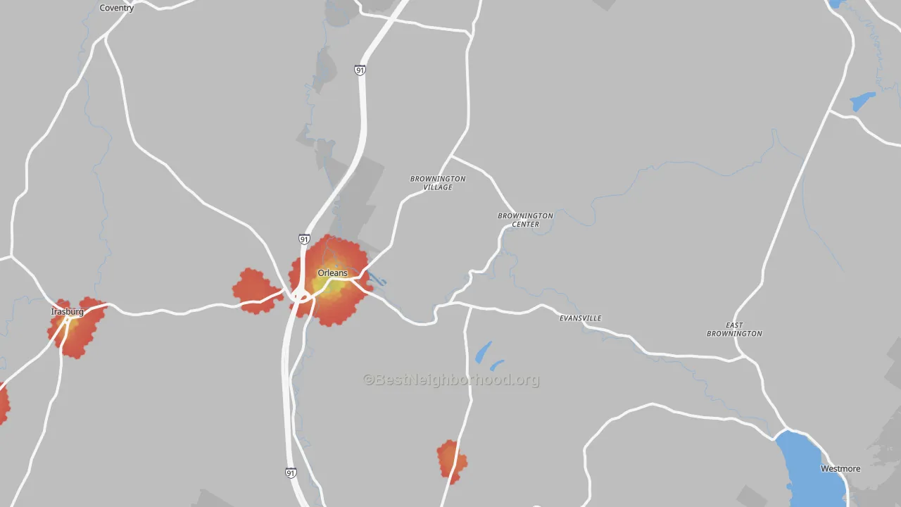 Walk Grade map of 05860, VT, walkable areas in green and car-dependent areas in red