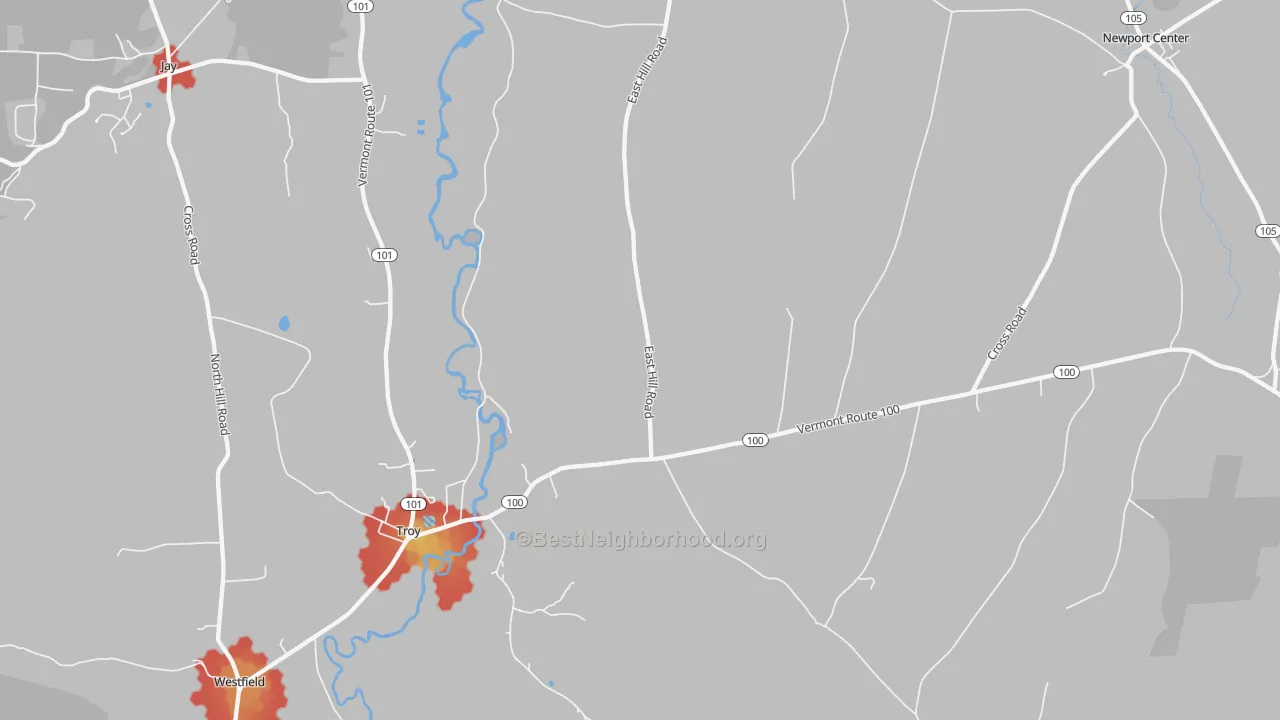 Walk Grade map of 05868, VT, walkable areas in green and car-dependent areas in red