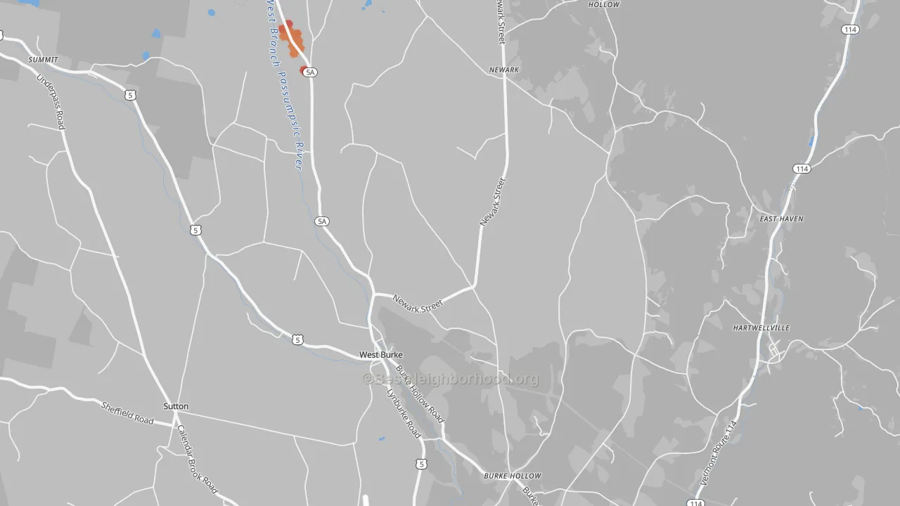 Walk Grade map of 05871, VT, walkable areas in green and car-dependent areas in red