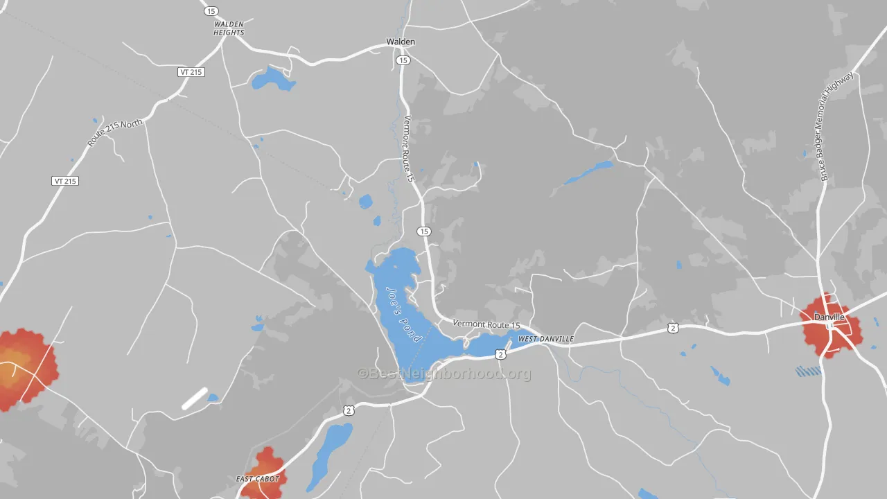 Walk Grade map of 05873, VT, walkable areas in green and car-dependent areas in red