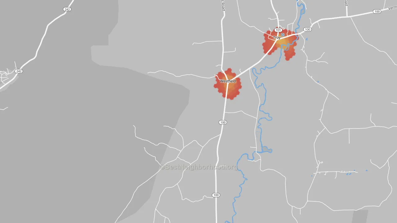 Walk Grade map of 05874, VT, walkable areas in green and car-dependent areas in red
