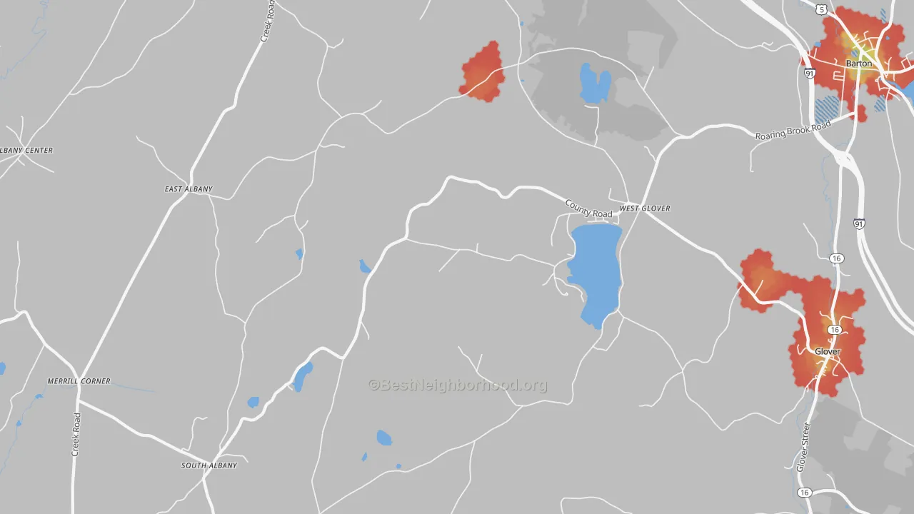 Walk Grade map of 05875, VT, walkable areas in green and car-dependent areas in red