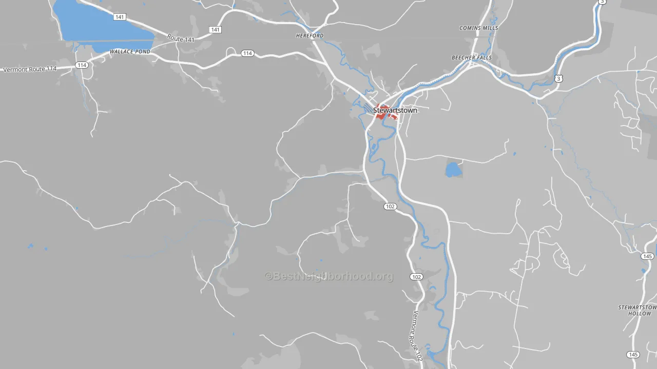 Walk Grade map of 05903, VT, walkable areas in green and car-dependent areas in red