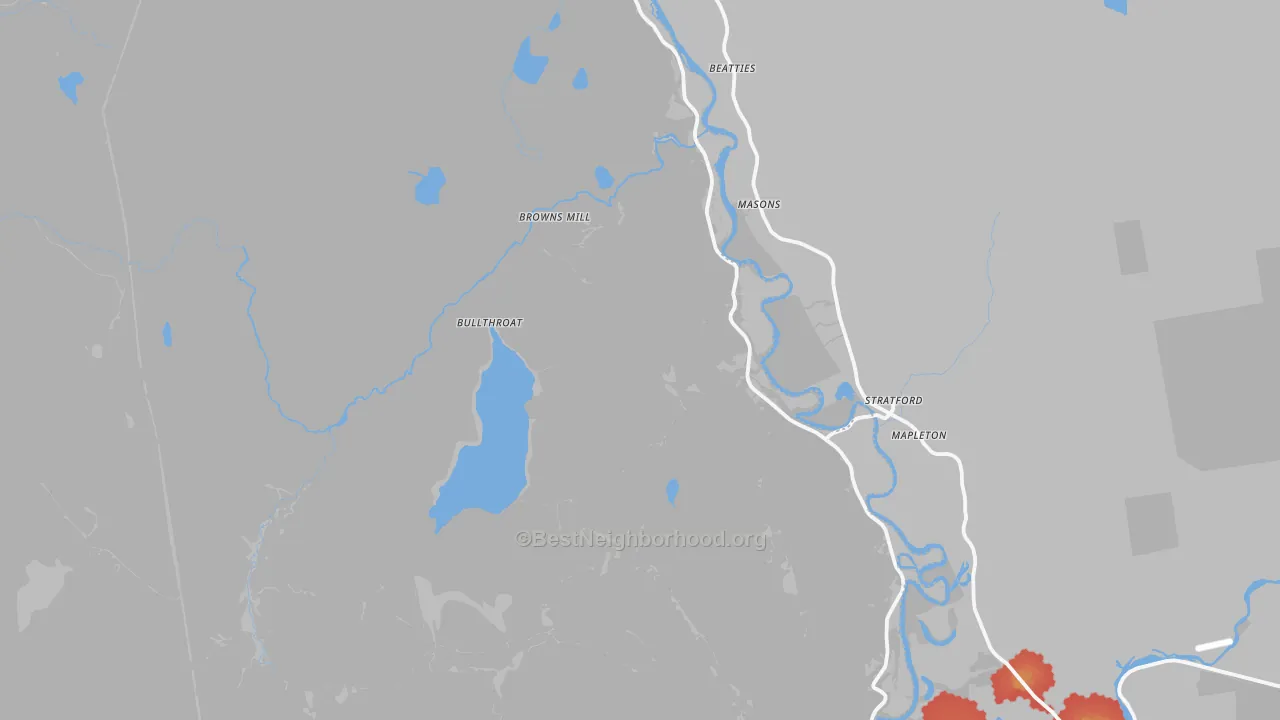 Walk Grade map of 05905, VT, walkable areas in green and car-dependent areas in red