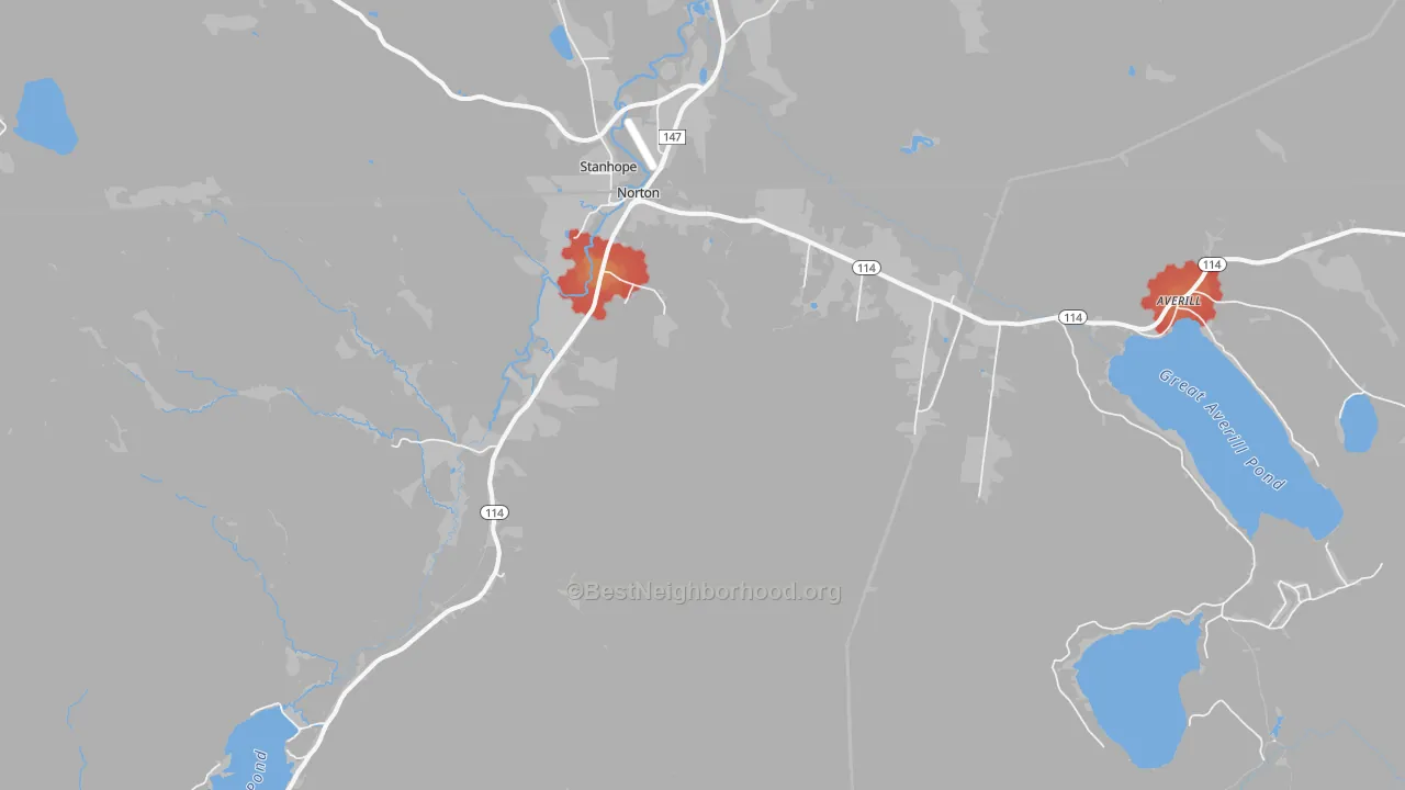 Walk Grade map of 05907, VT, walkable areas in green and car-dependent areas in red