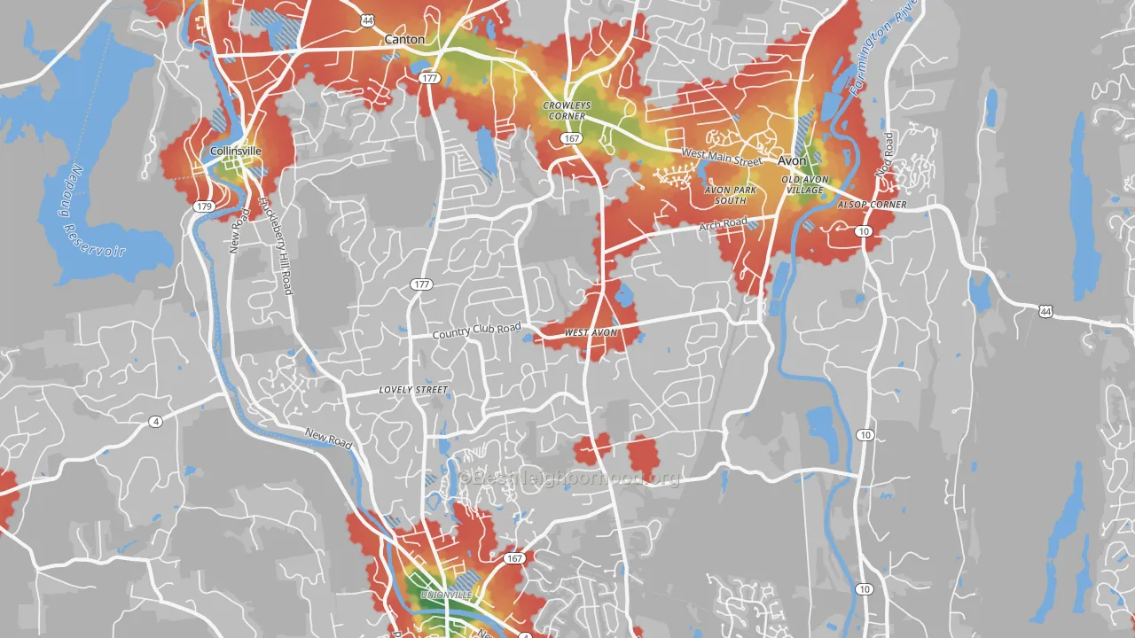 Walk Grade map of 06001, CT, walkable areas in green and car-dependent areas in red