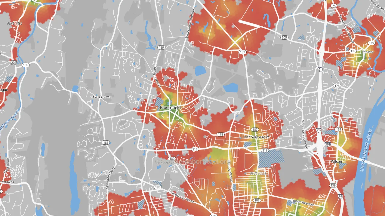 Walk Grade map of 06002, CT, walkable areas in green and car-dependent areas in red