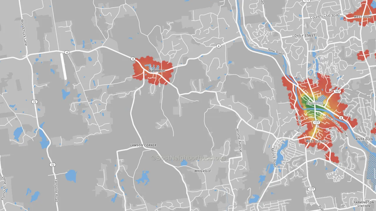 Walk Grade map of 06013, CT, walkable areas in green and car-dependent areas in red
