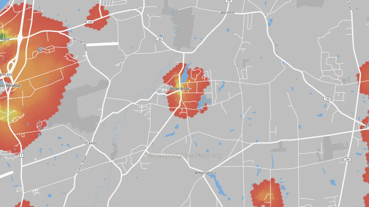 Walk Grade map of 06016, CT, walkable areas in green and car-dependent areas in red