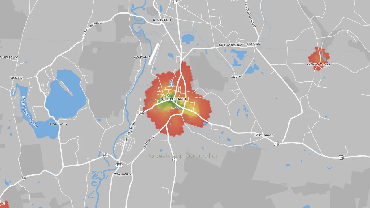 Walk Grade map of 06018, CT, walkable areas in green and car-dependent areas in red