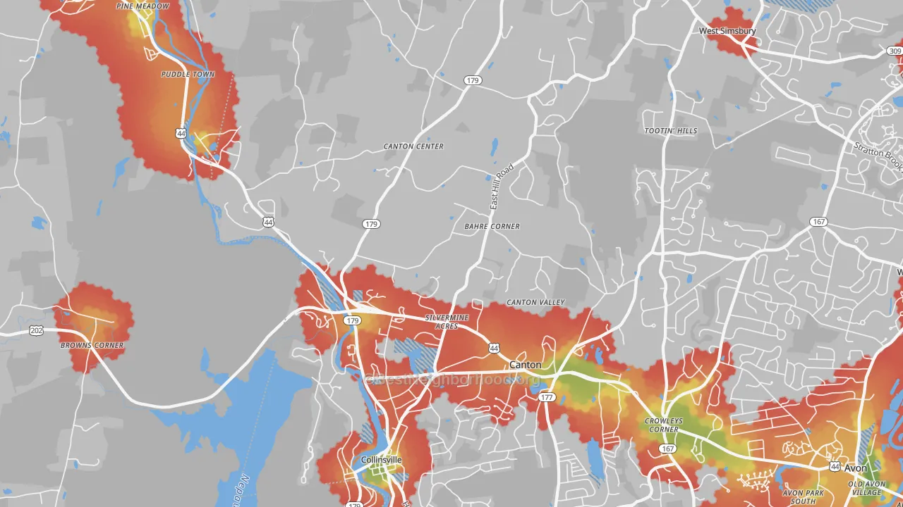 Walk Grade map of 06019, CT, walkable areas in green and car-dependent areas in red