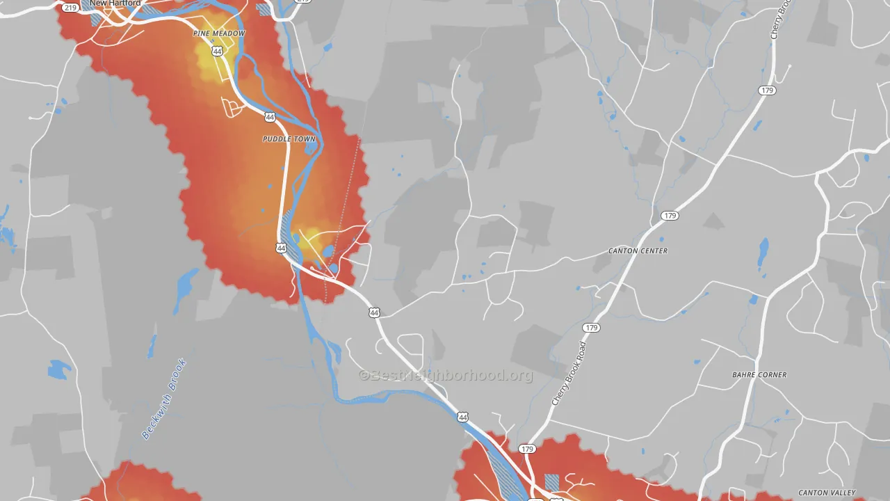 Walk Grade map of 06022, CT, walkable areas in green and car-dependent areas in red