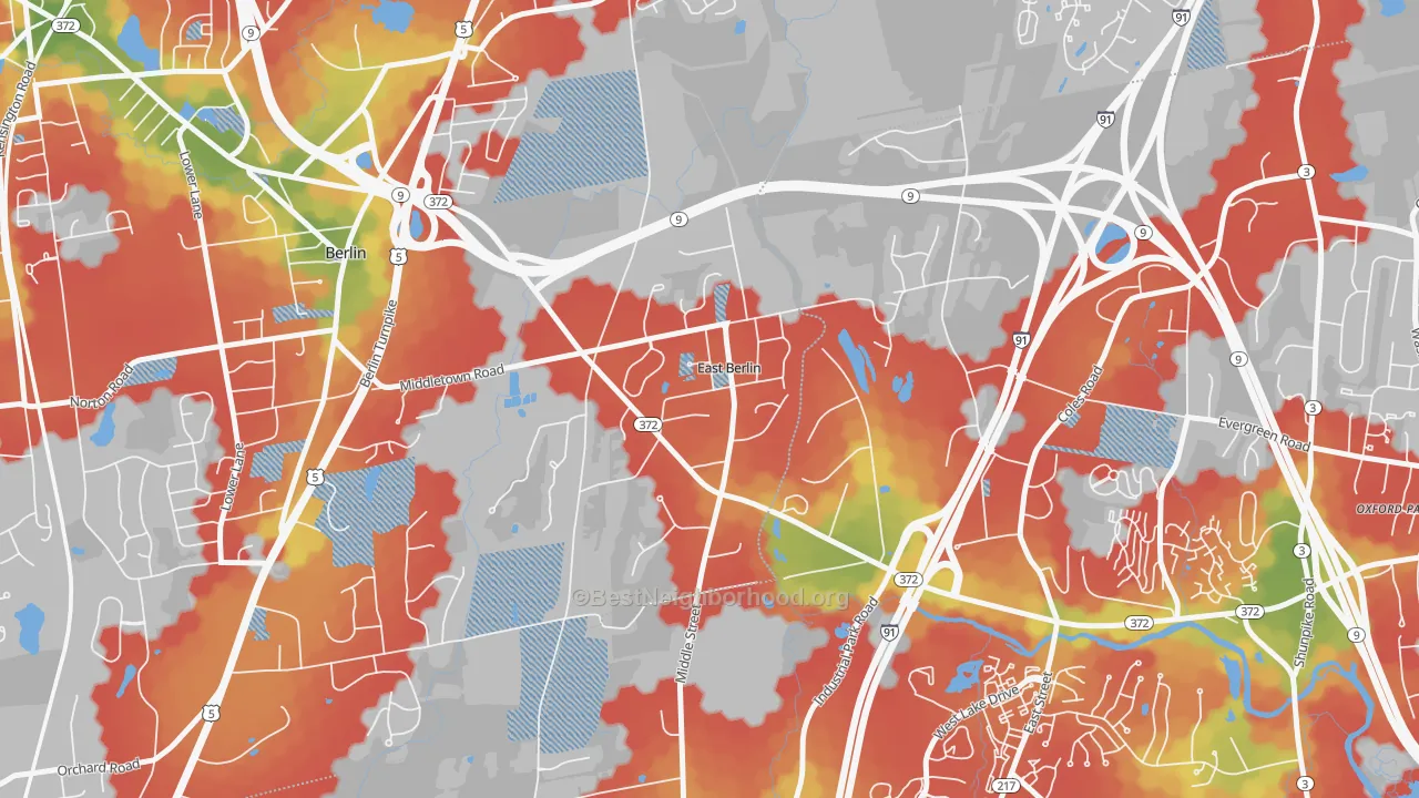 Walk Grade map of 06023, CT, walkable areas in green and car-dependent areas in red