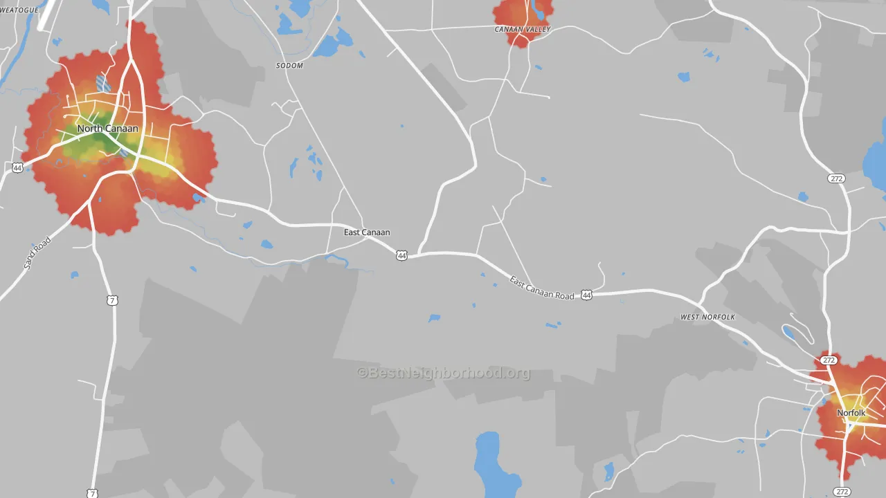 Walk Grade map of 06024, CT, walkable areas in green and car-dependent areas in red