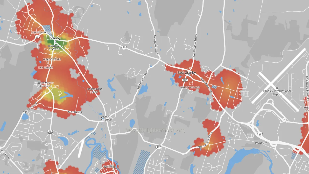 Walk Grade map of 06026, CT, walkable areas in green and car-dependent areas in red