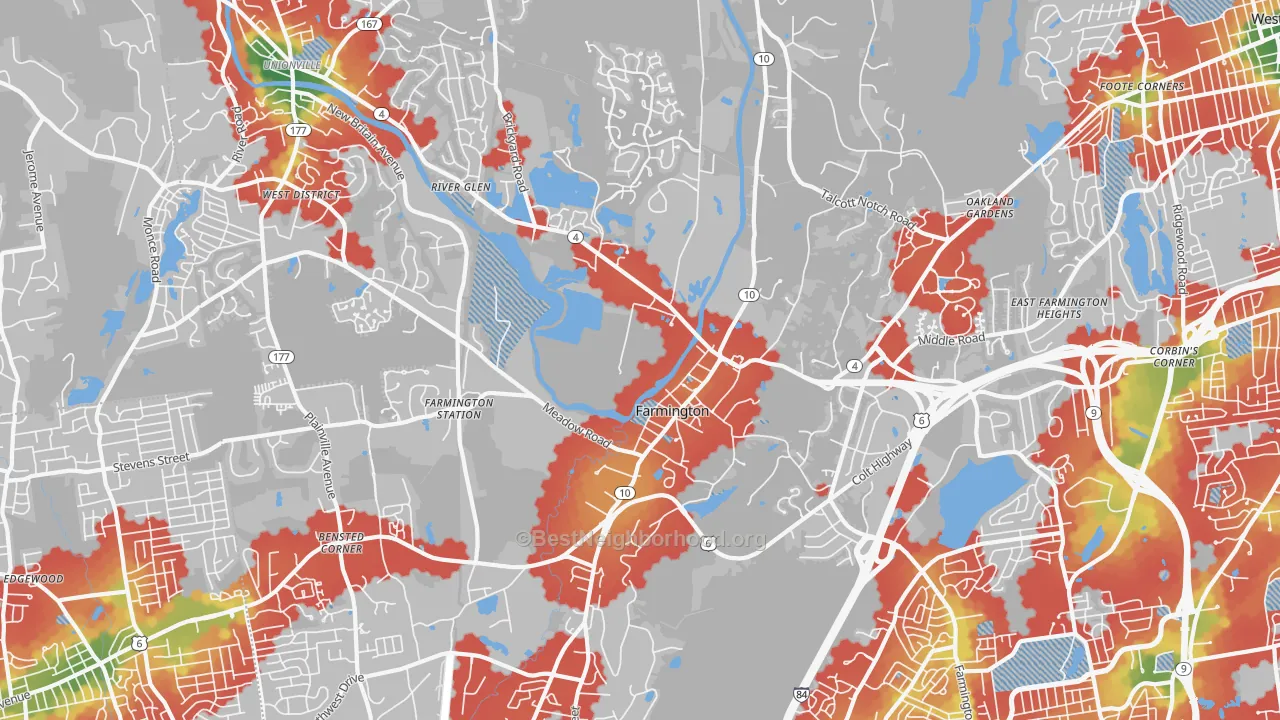 Walk Grade map of 06032, CT, walkable areas in green and car-dependent areas in red