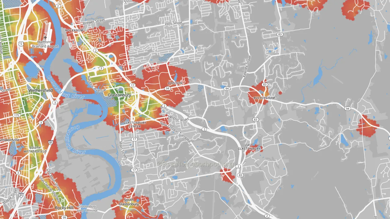 Walk Grade map of 06033, CT, walkable areas in green and car-dependent areas in red