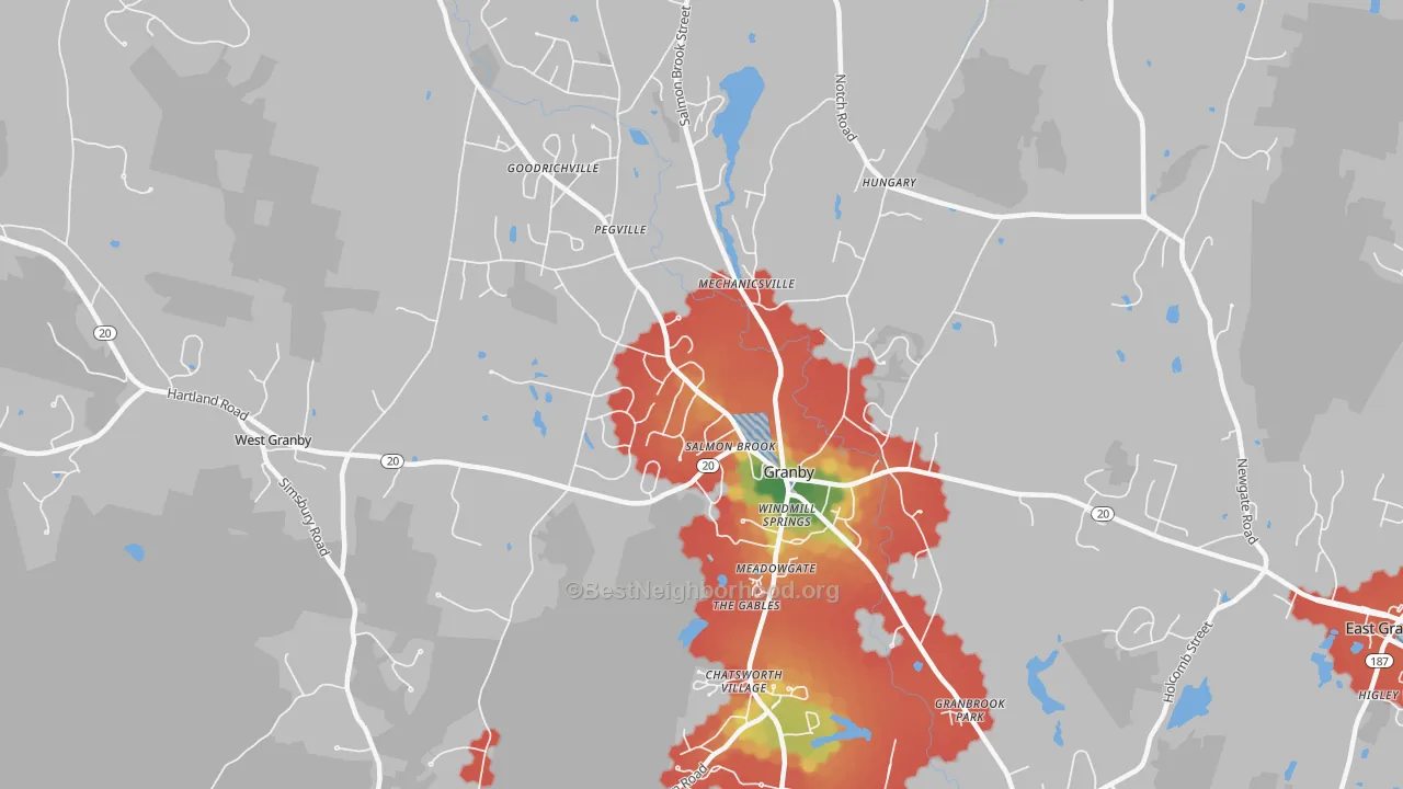 Walk Grade map of 06035, CT, walkable areas in green and car-dependent areas in red