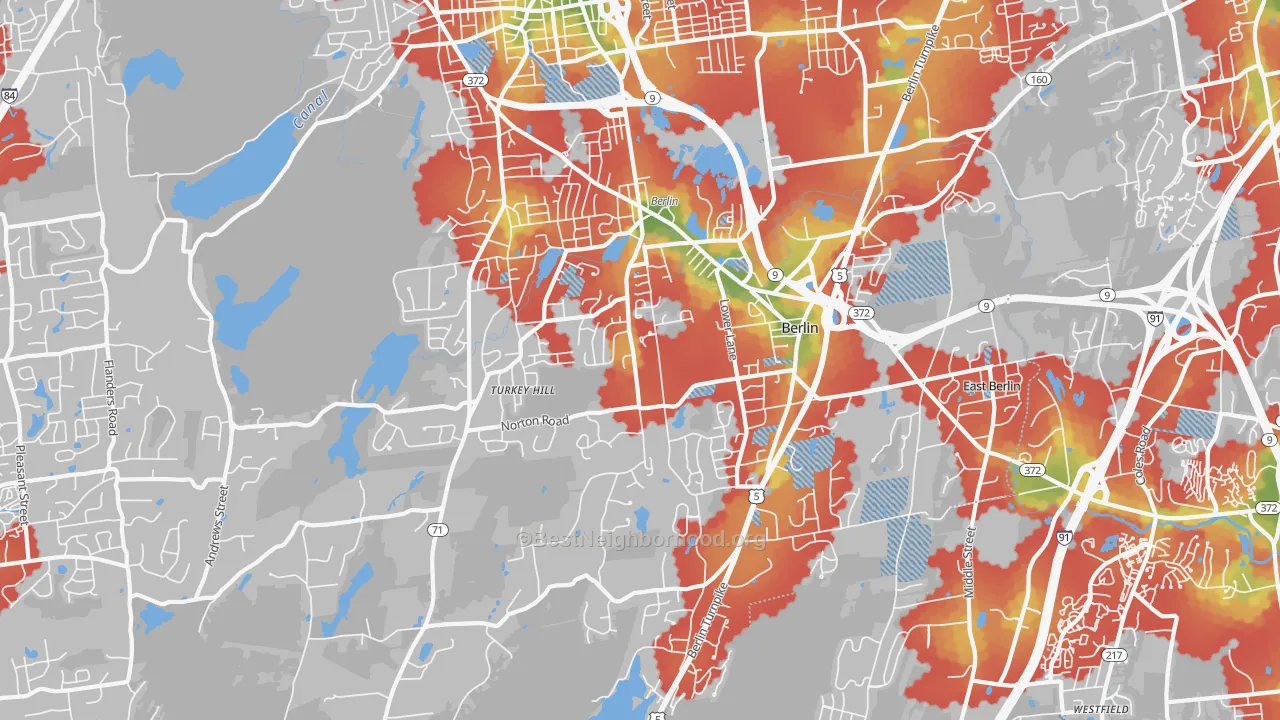 Walk Grade map of 06037, CT, walkable areas in green and car-dependent areas in red